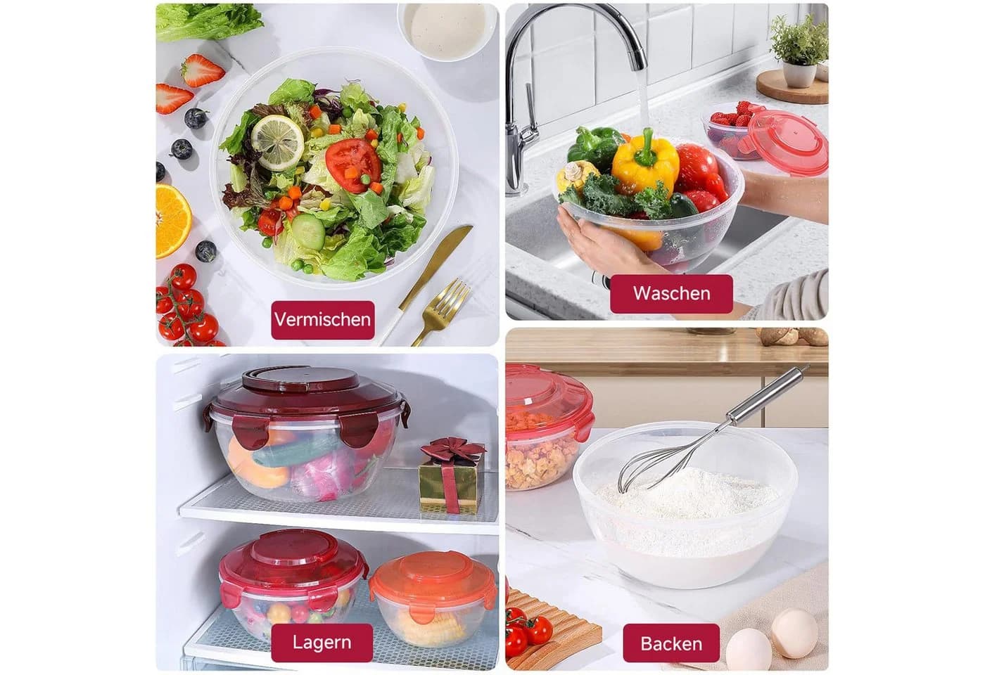 Elegair Salatschüssel-Set 4-tlg. Rot Stapelbar mit Deckel - Bild 4