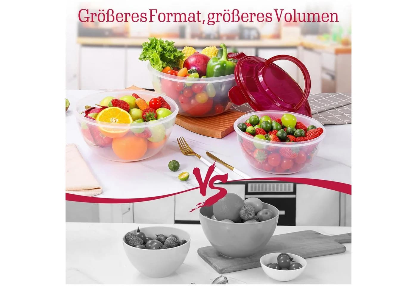 Elegair Salatschüssel-Set 4-tlg. Rot Stapelbar mit Deckel - Bild 5