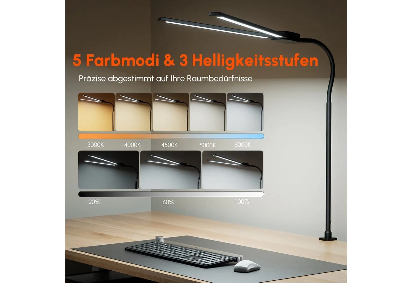 Quntis LED Schreibtischlampe Doppelkopf Dimmbar Schwarz - Bild 3