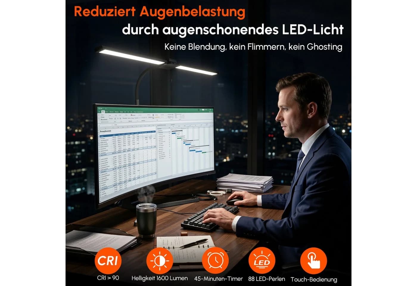 Quntis LED Schreibtischlampe Doppelkopf Dimmbar Schwarz - Bild 4