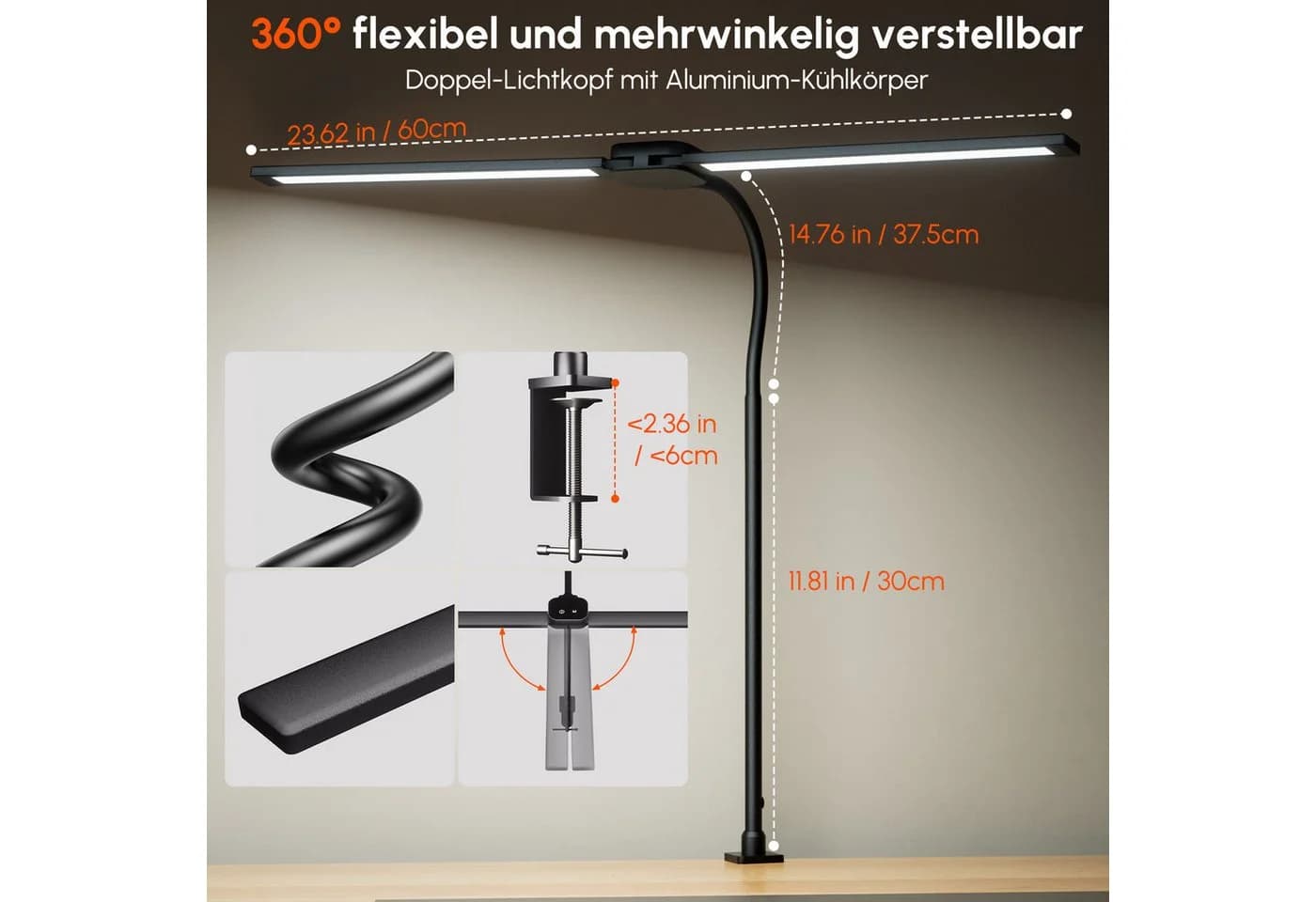 Quntis LED Schreibtischlampe Doppelkopf Dimmbar Schwarz - Bild 5