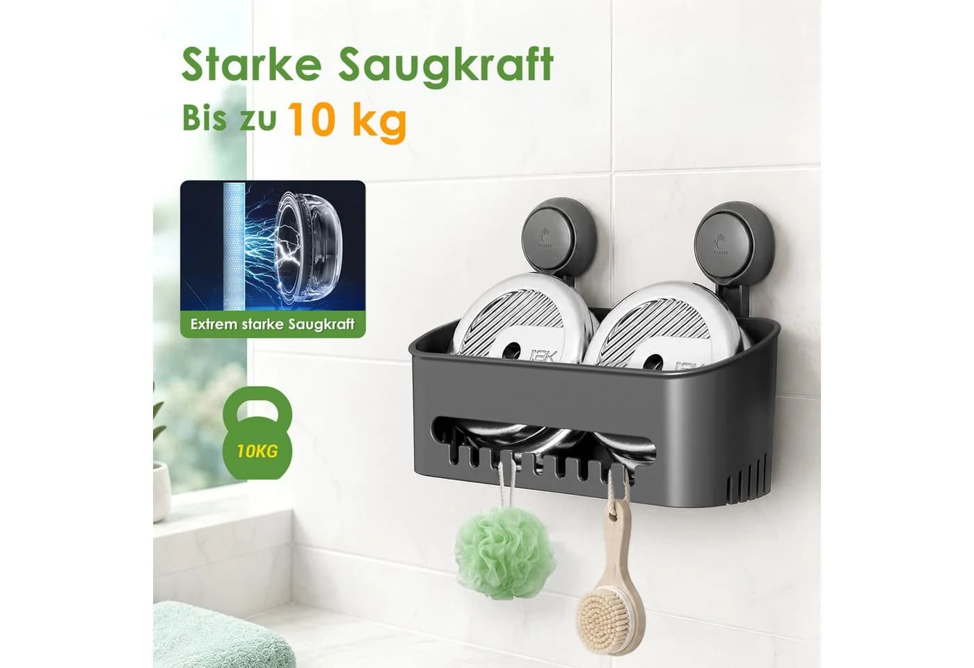Elegear Duschkorb Saugnapf Duschablage Weiß/Grau Kunststoff
