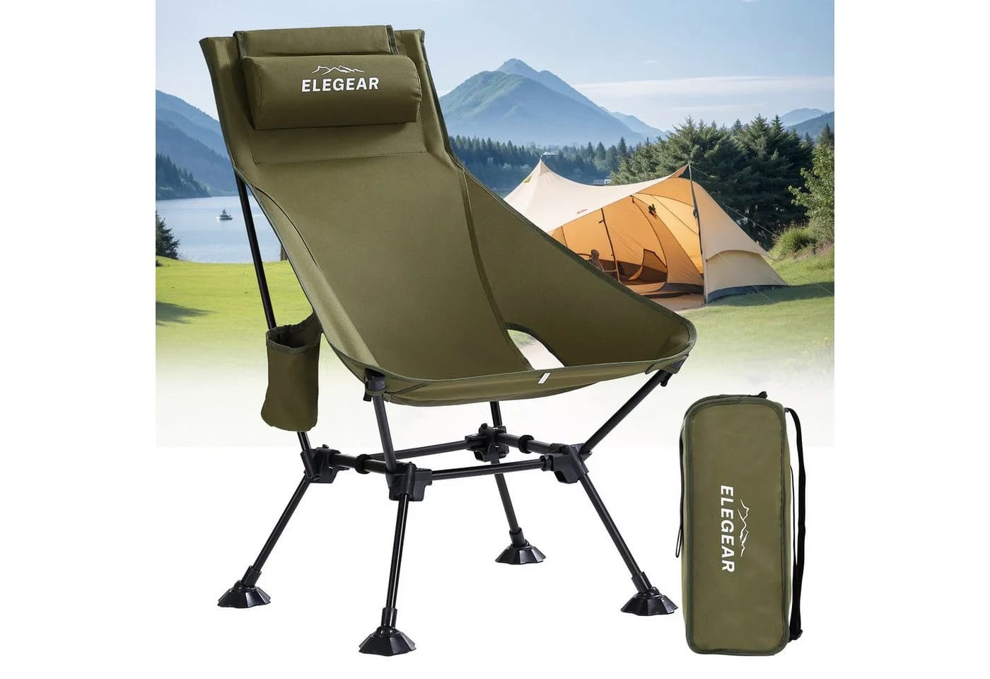 Elegar Campingstuhl faltbar mit Kopfstütze & Becherhalter, 150kg Tragkraft, Grün - Bild 2