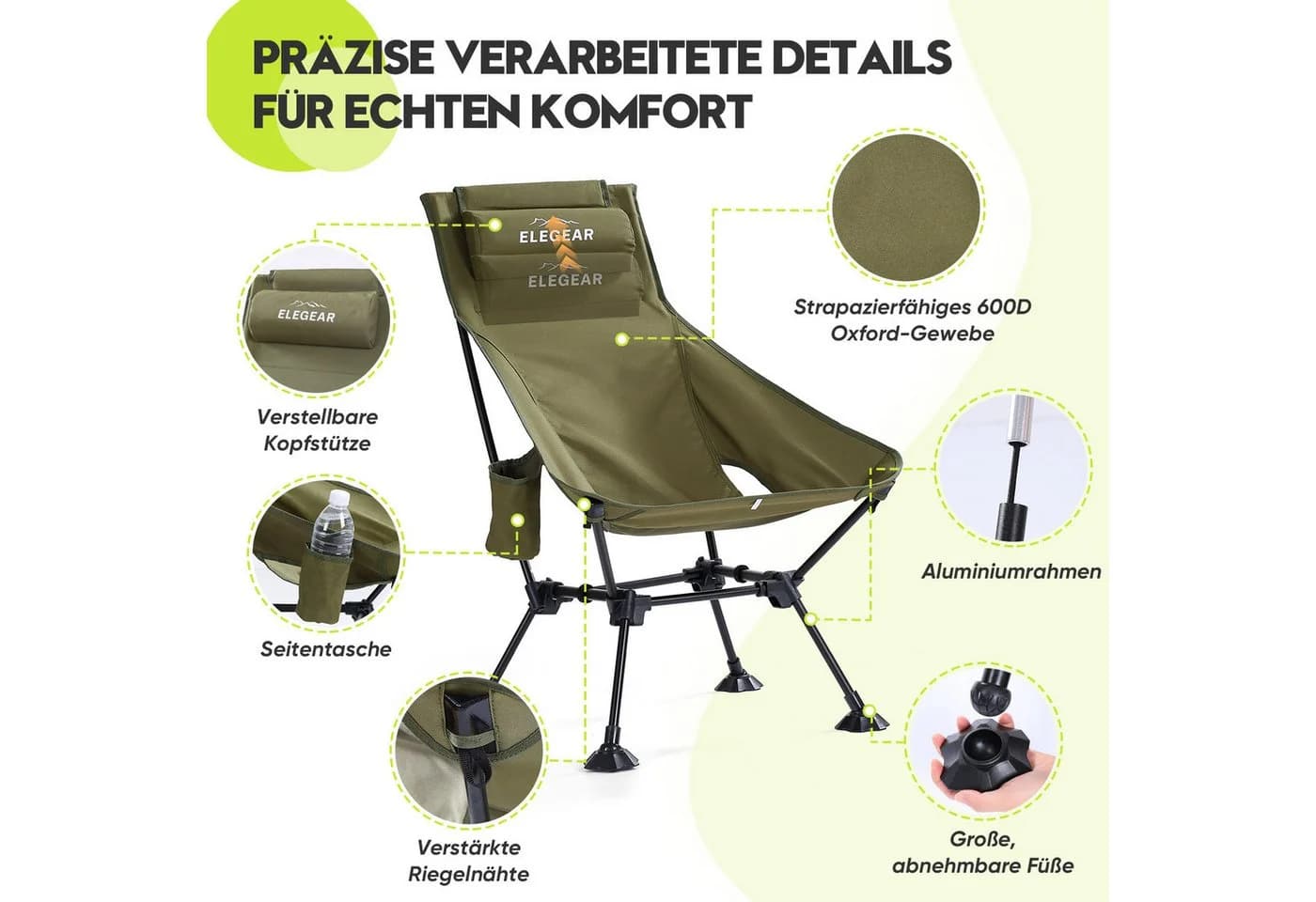 Elegar Campingstuhl faltbar mit Kopfstütze & Becherhalter, 150kg Tragkraft, Grün - Bild 3