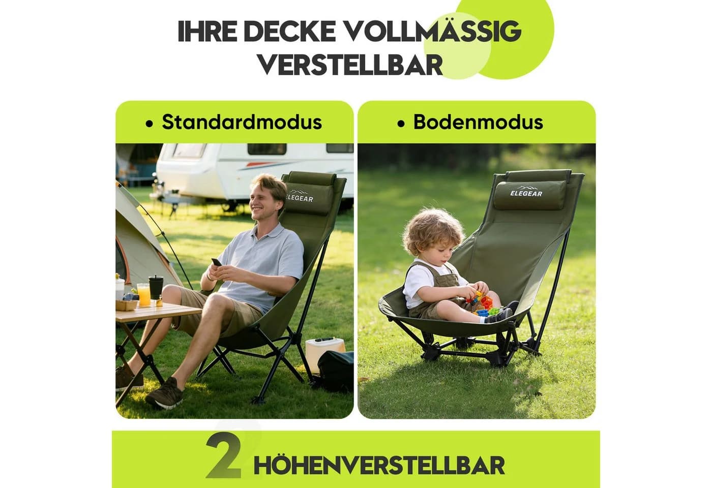 Elegar Campingstuhl faltbar mit Kopfstütze & Becherhalter, 150kg Tragkraft, Grün - Bild 4