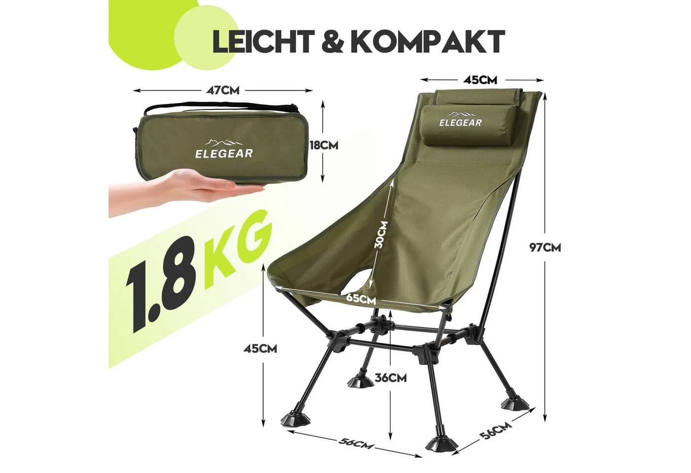 Elegar Campingstuhl faltbar mit Kopfstütze & Becherhalter, 150kg Tragkraft, Grün - Bild 5