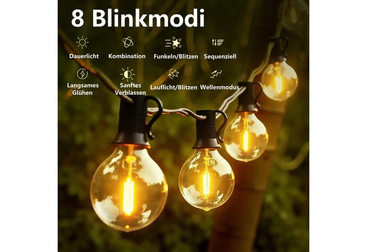 Elegear LED Lichterkette Außen mit Timer, 8 Modi, 15+2 G40 Glühbirnen, Warmweiß - Bild 4