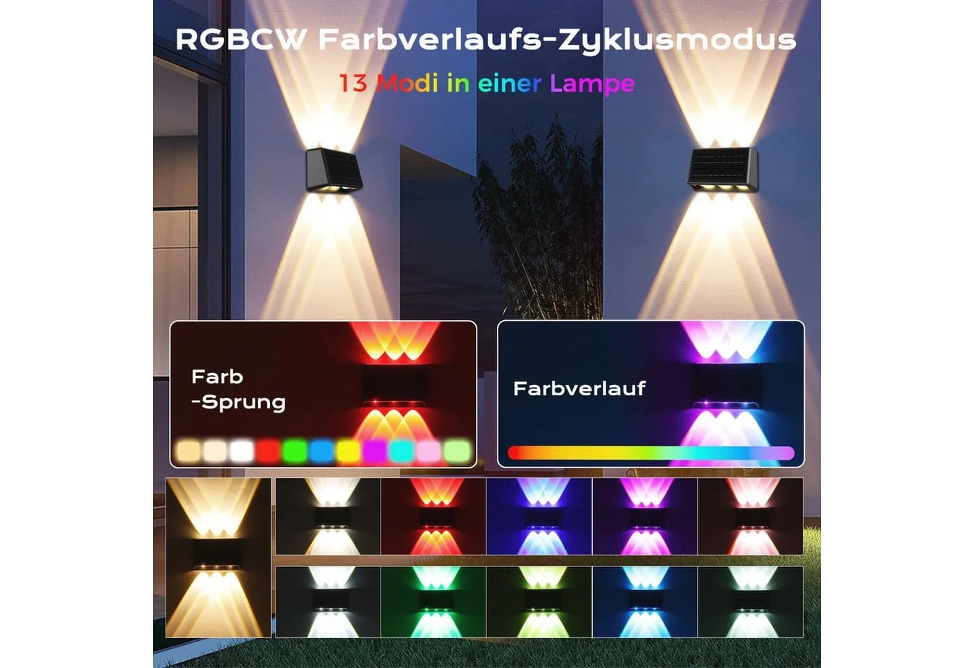 Quntis Solar-Wandleuchte RGB Warmweiß IP65 Außenbereich