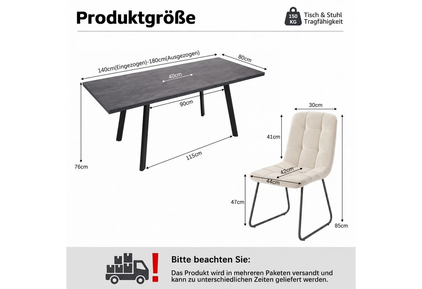 Jiexi Ausziehbare Essgruppe Dunkelrhein-Optik mit Flanellstühlen - Bild 3