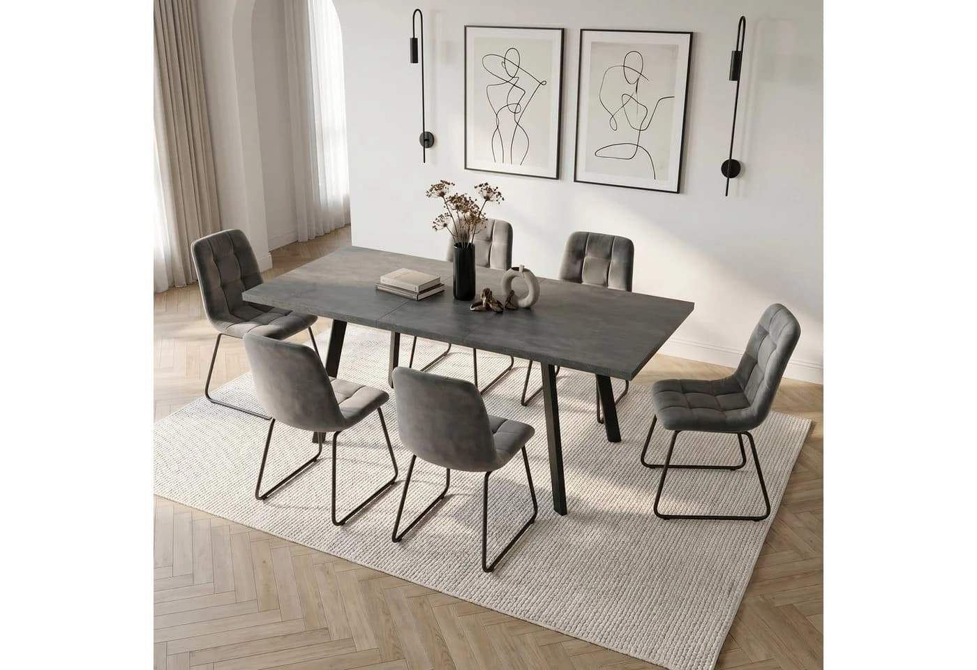 Jiexi Essgruppe Ausziehbar 140-180cm Dunkelrhein-Optik & Flanell Stühle Grau