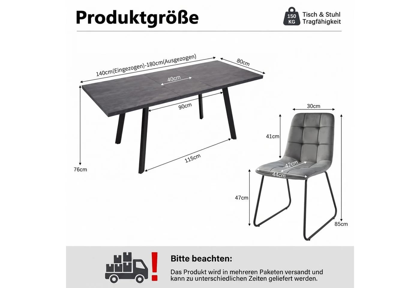 Jiexi Essgruppe Ausziehbar 140-180cm Dunkelrhein-Optik & Flanell Stühle Grau - Bild 3