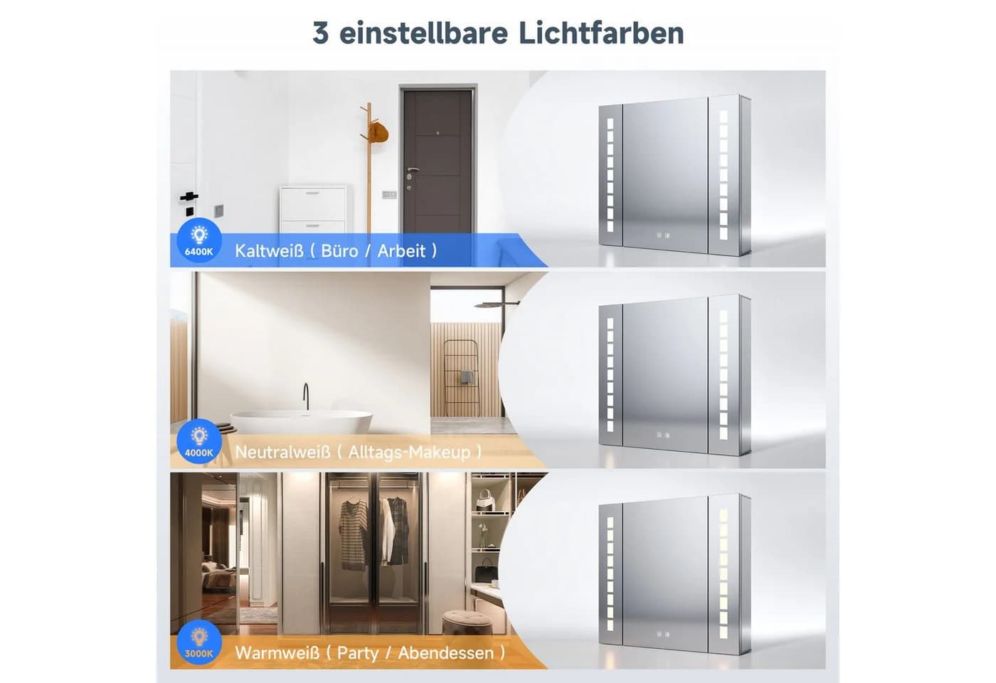 SONNI Spiegelschrank Aluminium mit Touch-Bedienung und integrierter Rasierersteckdose - Bild 3