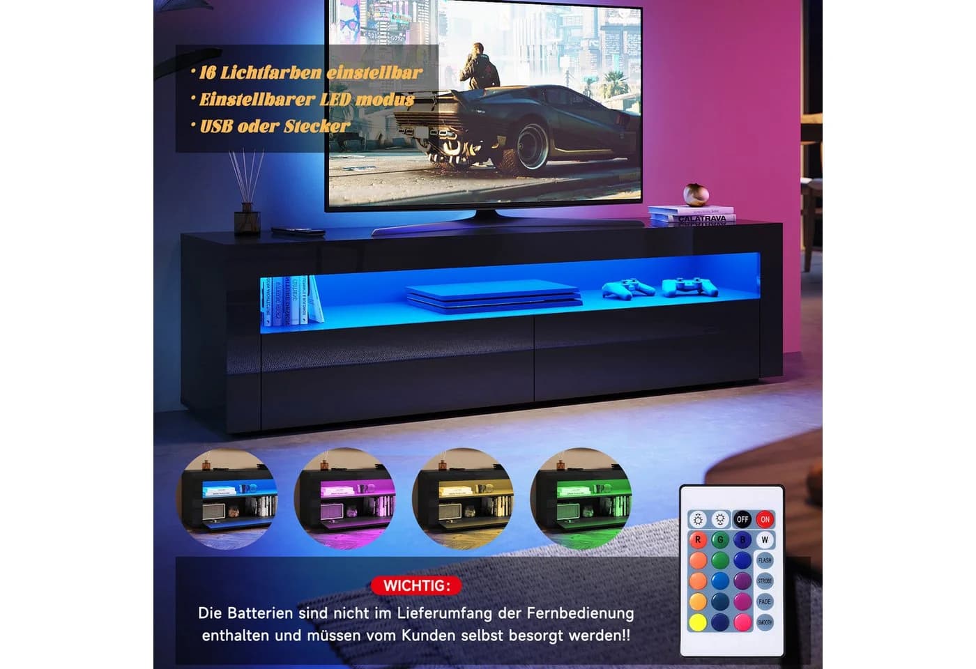 SONNI TV-Schrank Schwarz Hochglanz mit RGB-Beleuchtung - Bild 4