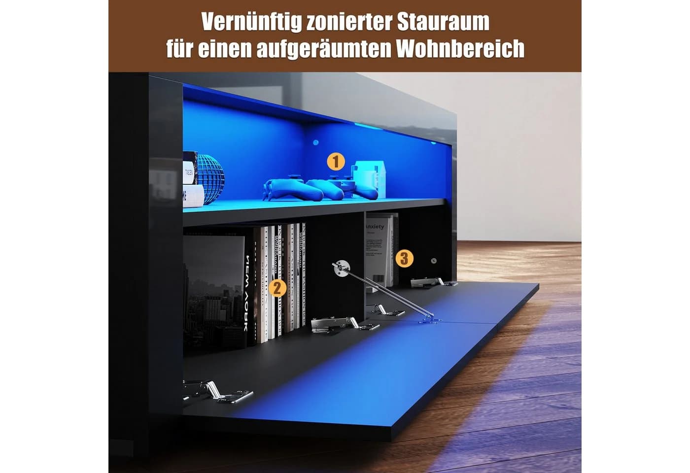 SONNI TV-Schrank Schwarz Hochglanz mit RGB-Beleuchtung - Bild 5