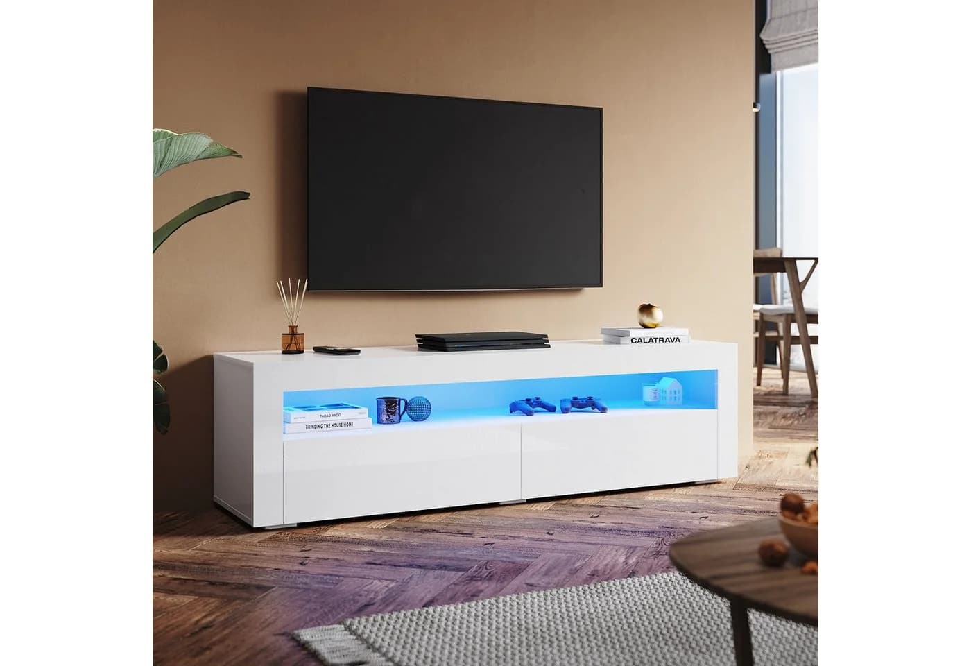 SONNI TV-Schrank Weiß Hochglanz mit RGB-Beleuchtung