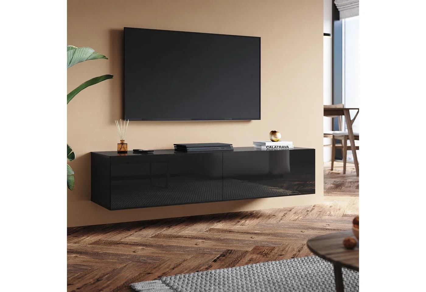 SONNI TV-Schrank Lowboard Schwarzer Hochglanz mit Klapptür