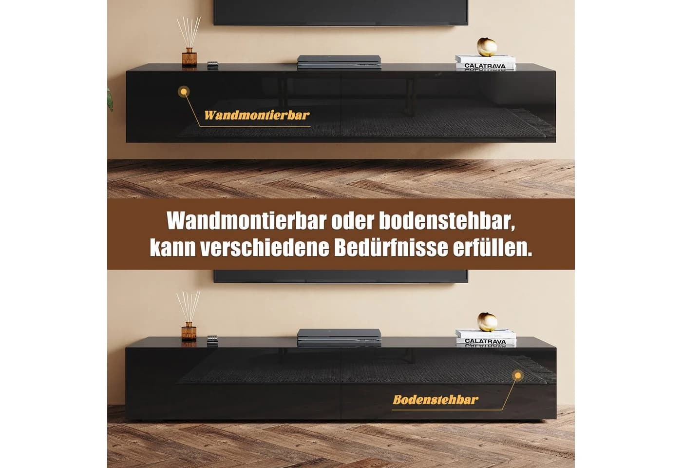 SONNI TV-Schrank Lowboard Schwarzer Hochglanz mit Klapptür - Bild 5