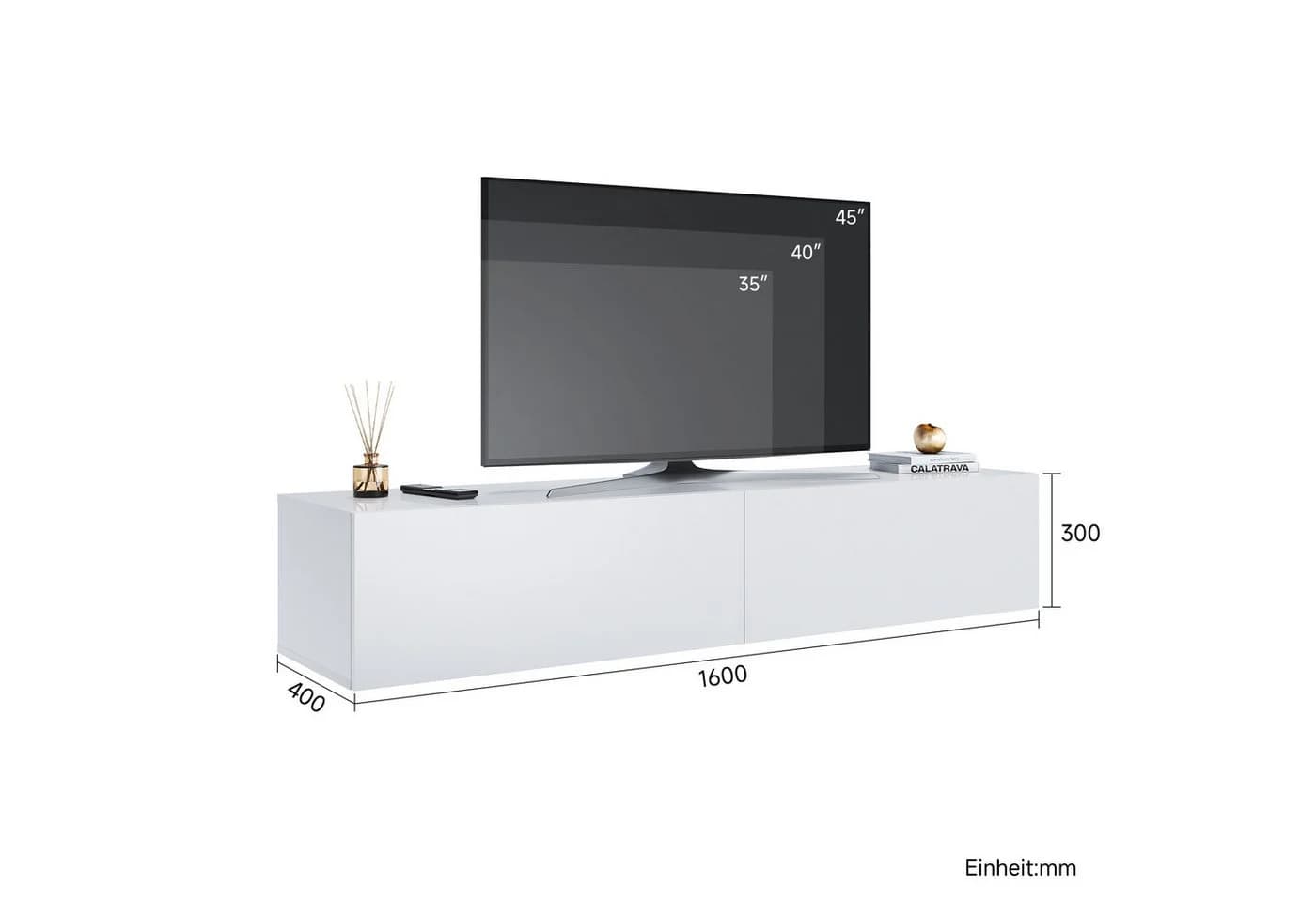 SONNI Lowboard Breite 140/160/180cm TV Board Hängend Hochglanz Weiß/schwarz