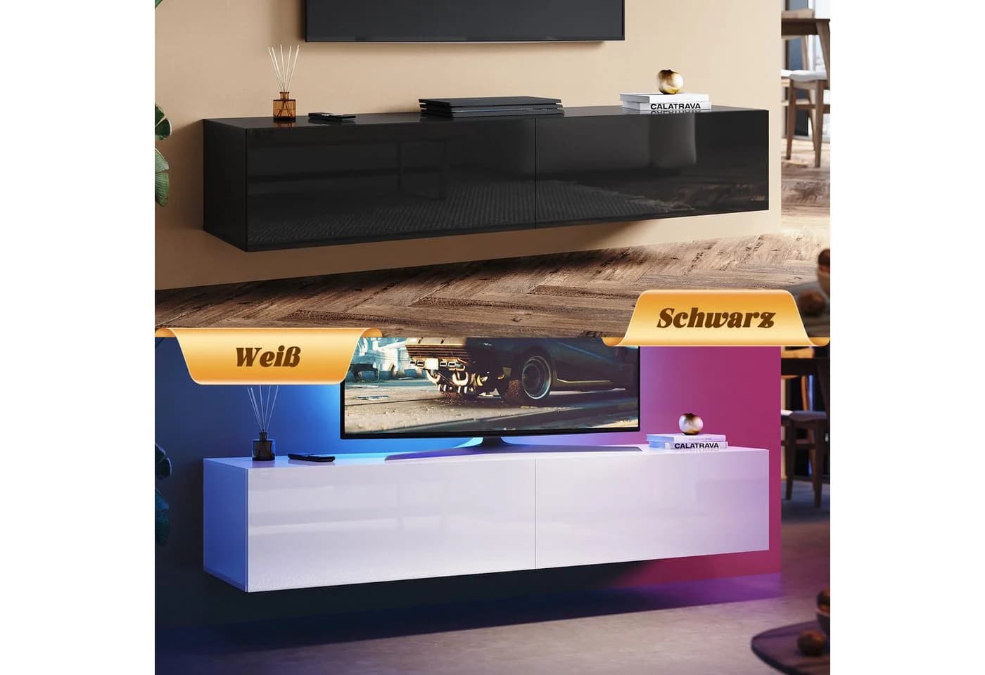 SONNI Lowboard Breite 140/160/180cm TV Board Hängend Hochglanz Weiß/schwarz - Bild 4