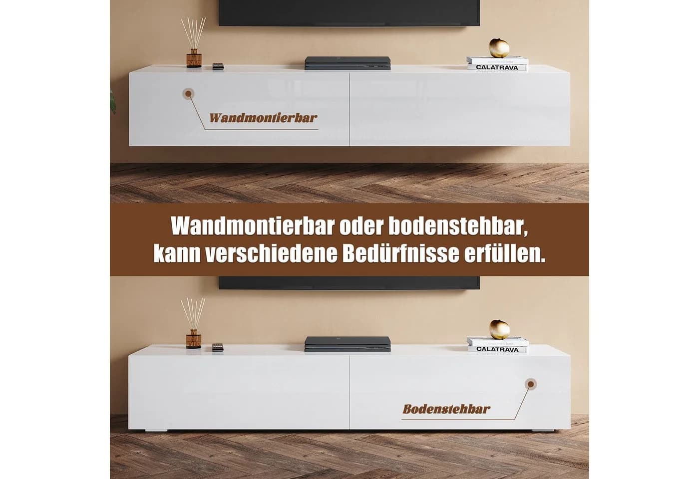 SONNI Lowboard Breite 140/160/180cm TV Board Hängend Hochglanz Weiß/schwarz - Bild 5