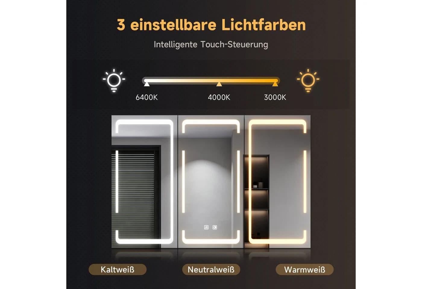 SONNI Spiegelschrank Dreitüriger Badspiegelschrank Verstellbare Schotten 90x60cm