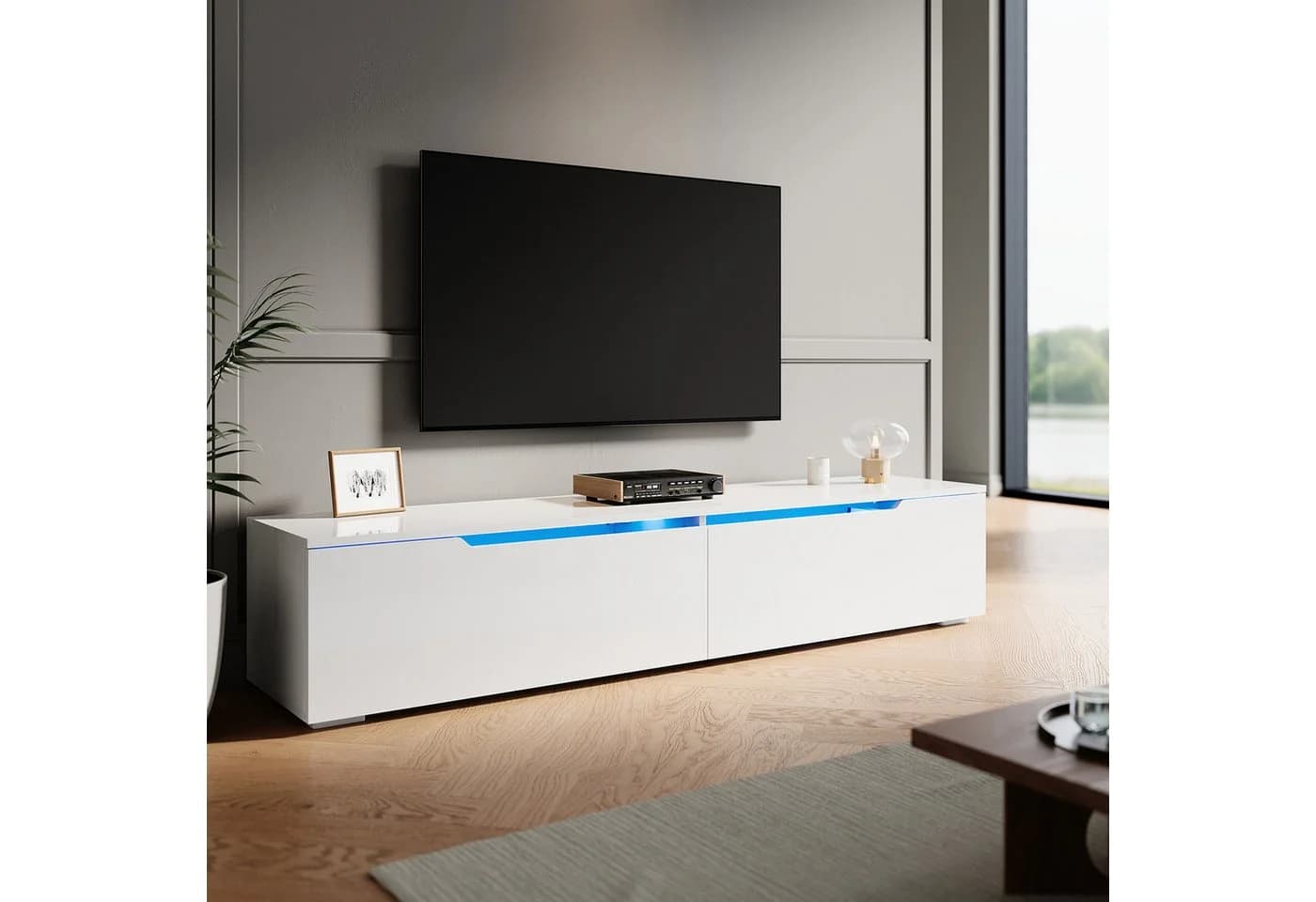 SONNI Lowboard 160 cm Breite Modern Weiß LED-Lichteffekte