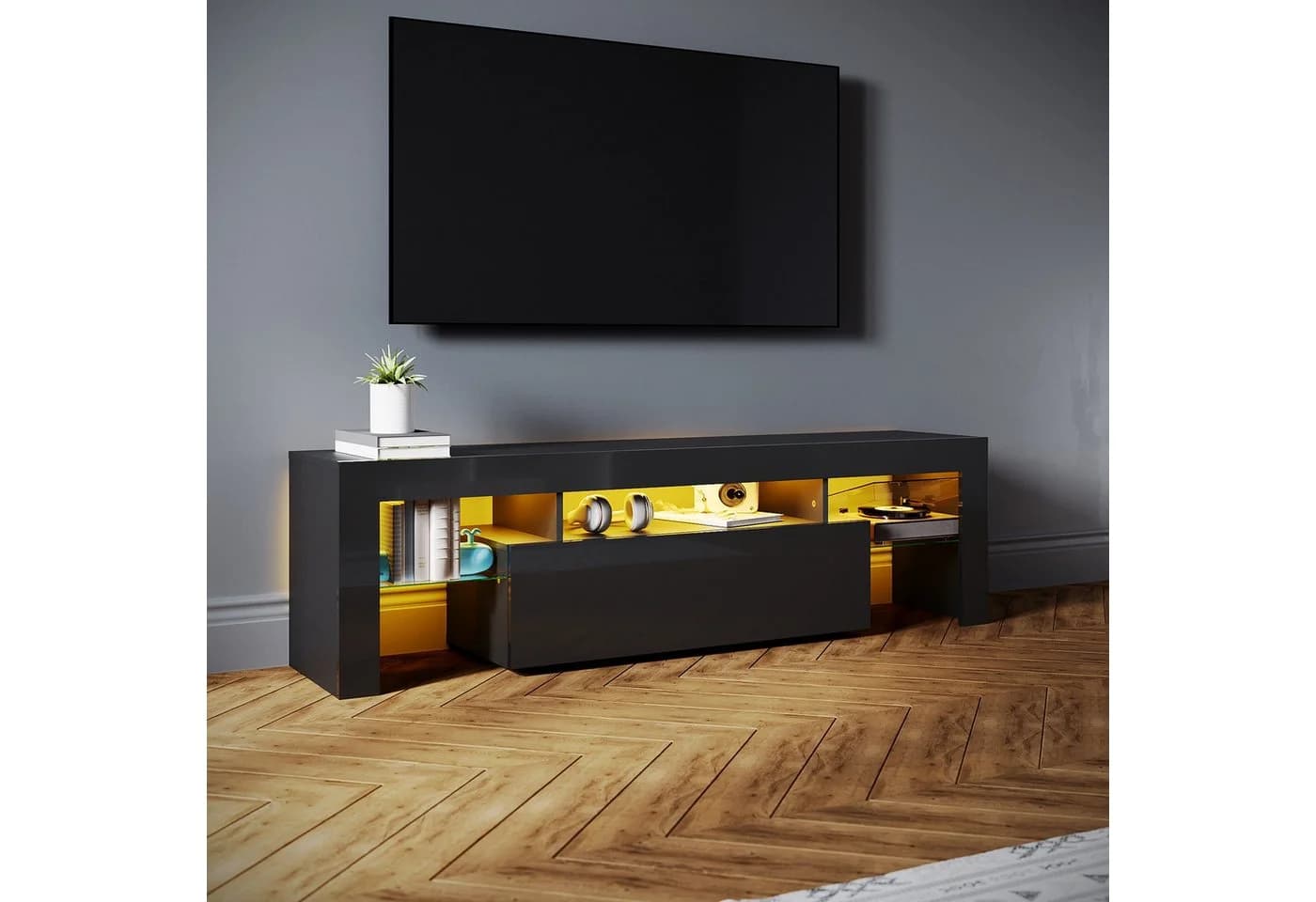 SONNI Lowboard 160 cm Breite Modern Weiß & Schwarz LED-Lichteffekten