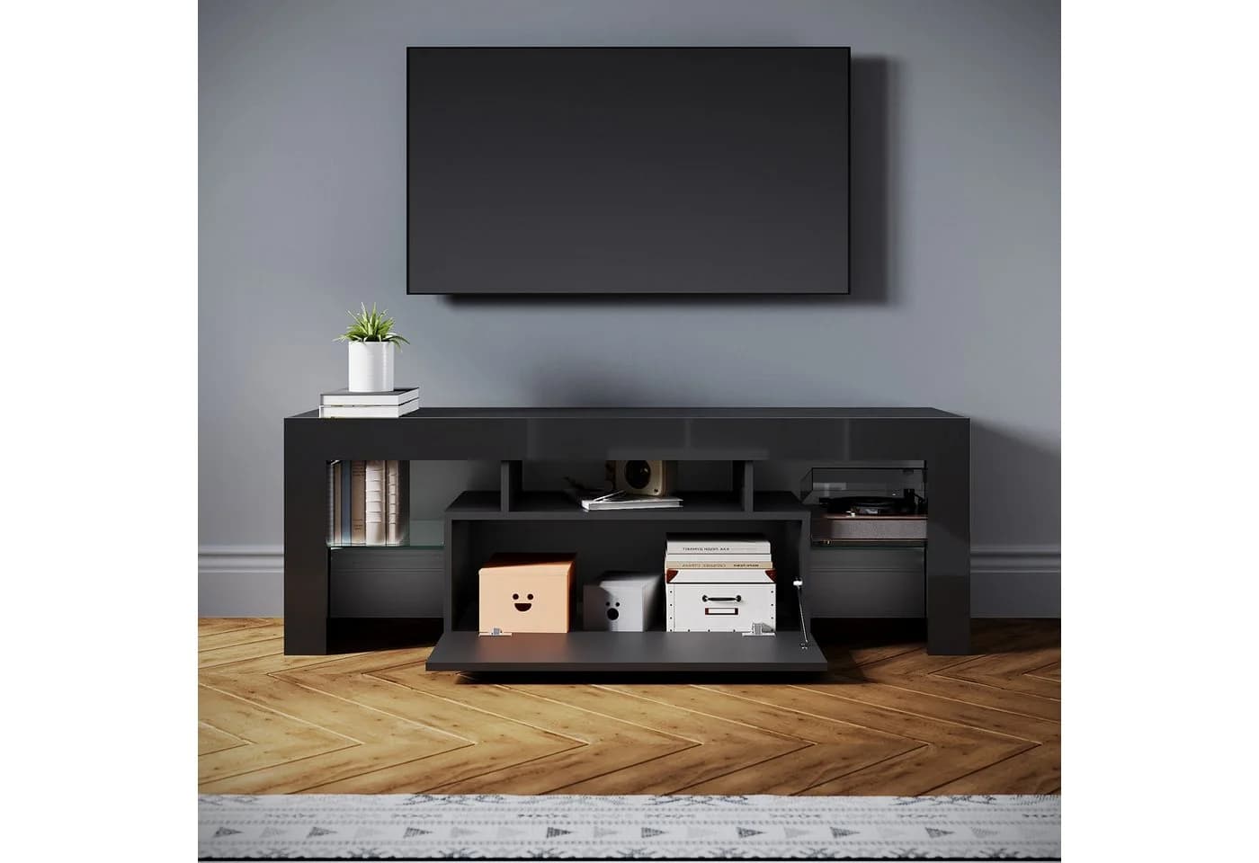 SONNI Lowboard 160 cm Breite Modern Weiß & Schwarz LED-Lichteffekten - Bild 2