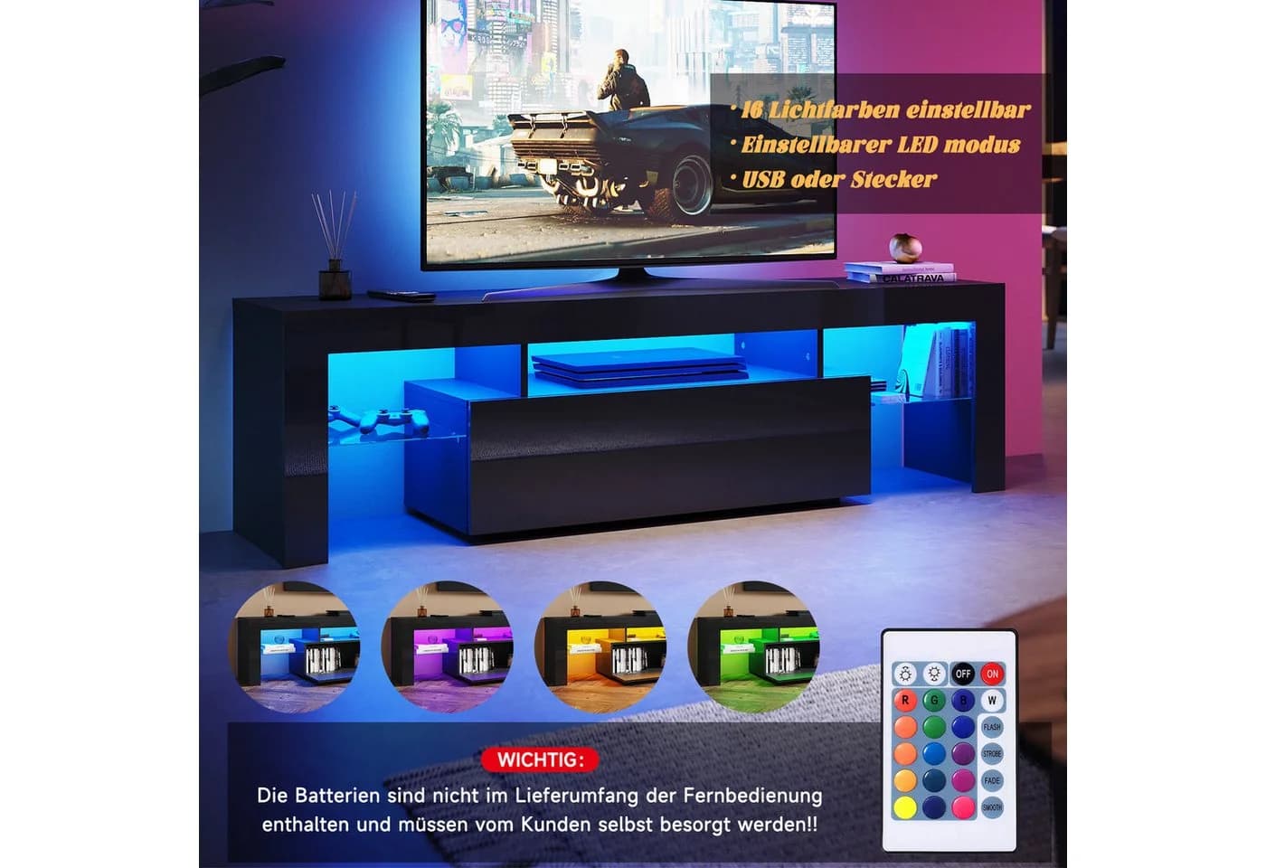 SONNI Lowboard 160 cm Breite Modern Weiß & Schwarz LED-Lichteffekten - Bild 4