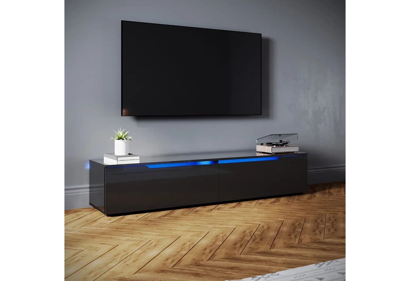 SONNI Lowboard 160 cm Breite Modern Weiß Schwarz LED-Lichteffekte