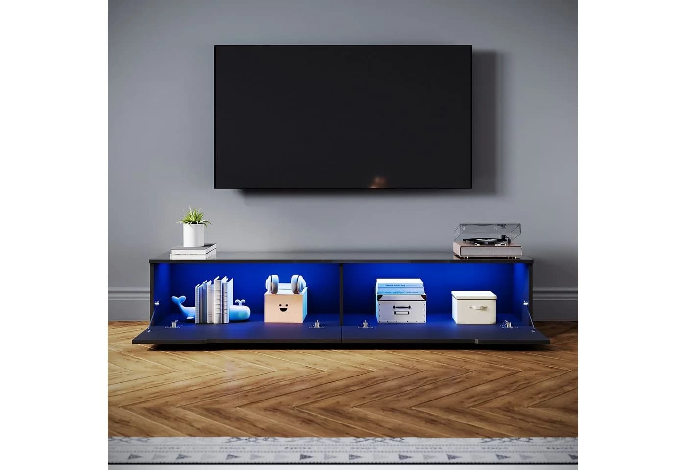 SONNI Lowboard 160 cm Breite Modern Weiß Schwarz LED-Lichteffekte - Bild 2