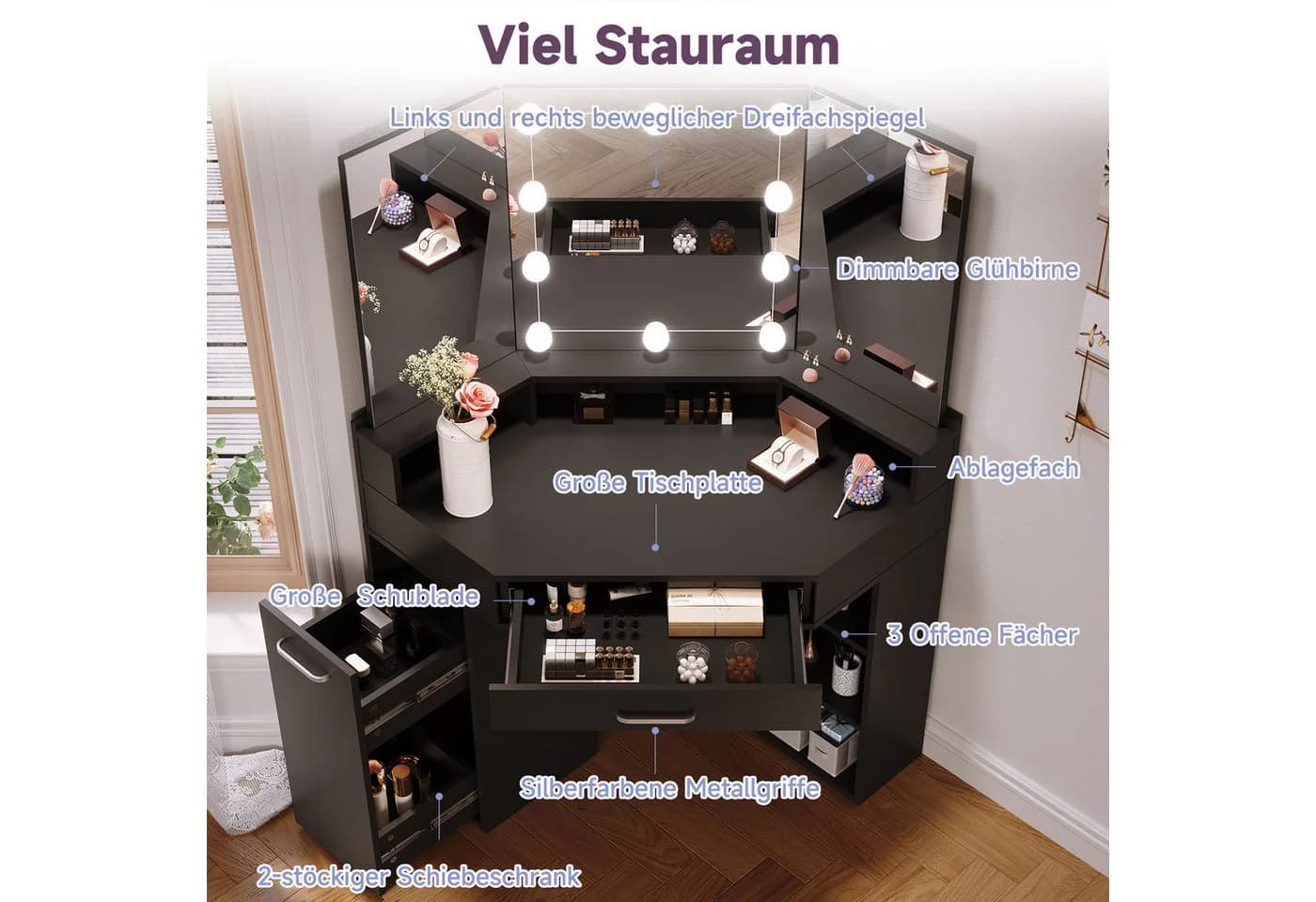 SONNI Schminktisch Weiß & Schwarz Eckdesign mit LED-Beleuchtung und Spiegel - Bild 4