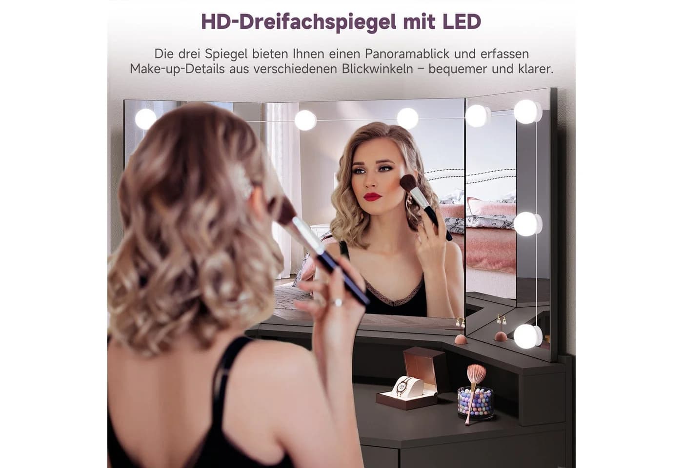 SONNI Schminktisch Weiß & Schwarz Eckdesign mit LED-Beleuchtung und Spiegel - Bild 5