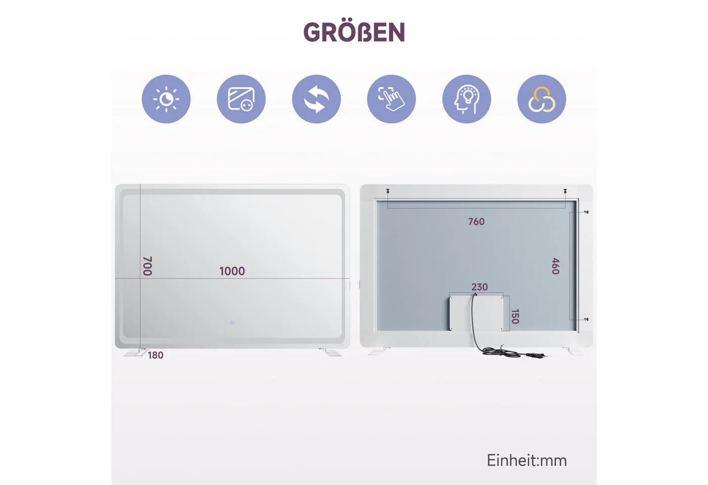 SONNI LED Schminkspiegel 100x70cm dimmbar mit Steckdose - Bild 3