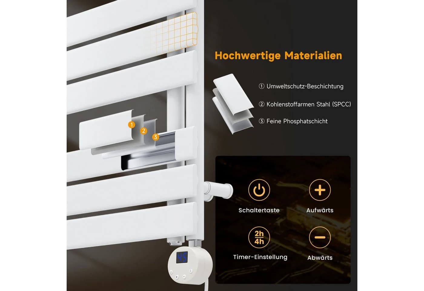 SONNI Designheizkörper Handtuchwärmer Weiß mit Heizung und Timer - Bild 4