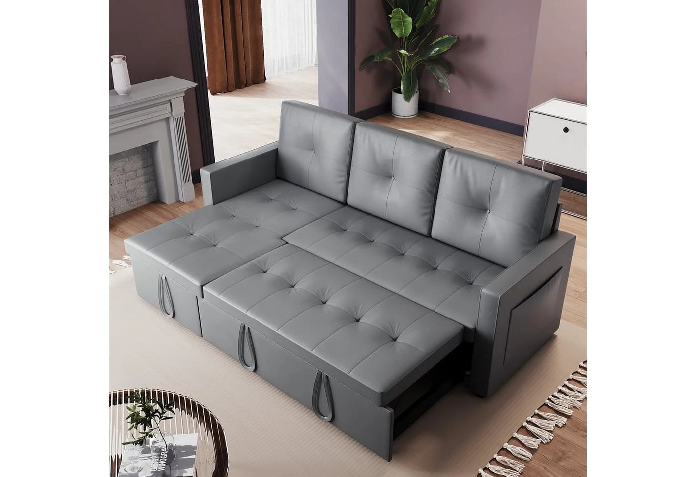 SONNI Schlafsofa Ecksofa 3-Sitzer Kunstleder Dunkelgrau - Bild 2