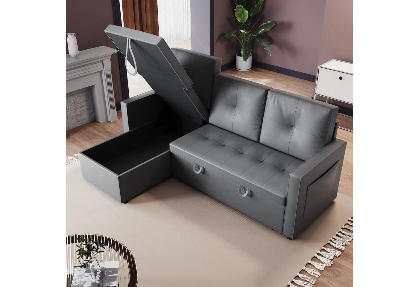 SONNI Schlafsofa Ecksofa 3-Sitzer Kunstleder Dunkelgrau - Bild 3