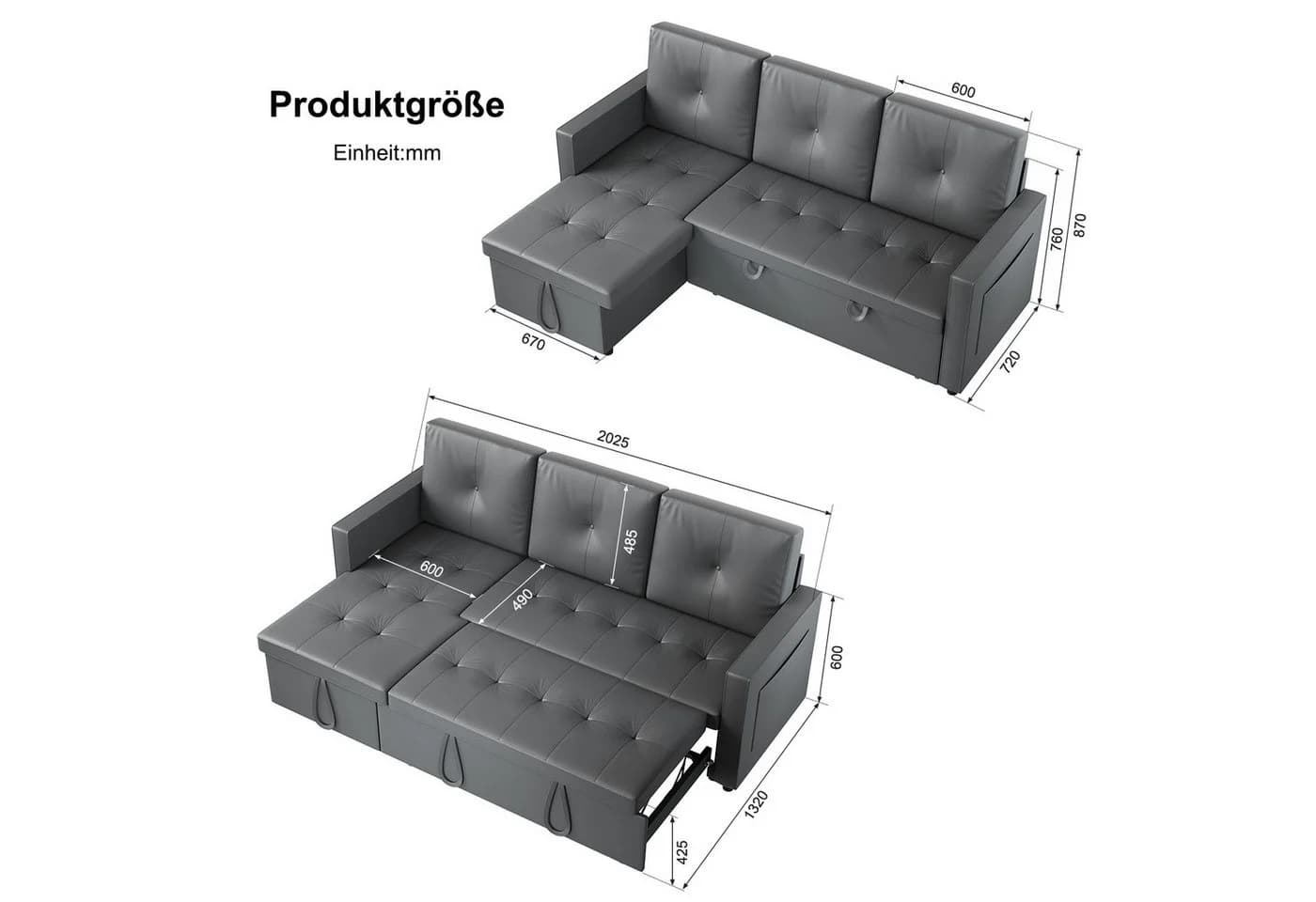 SONNI Schlafsofa Ecksofa 3-Sitzer Kunstleder Dunkelgrau - Bild 4