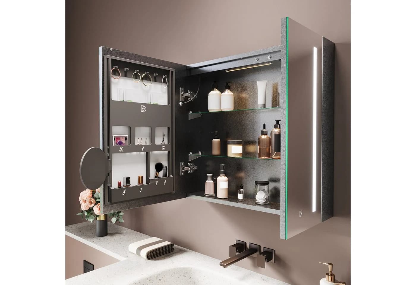 SONNI Spiegelschrank Badezimmerschrank 70x65cm mit 3-farbiger dimmbarer Beleuchtung - Bild 3
