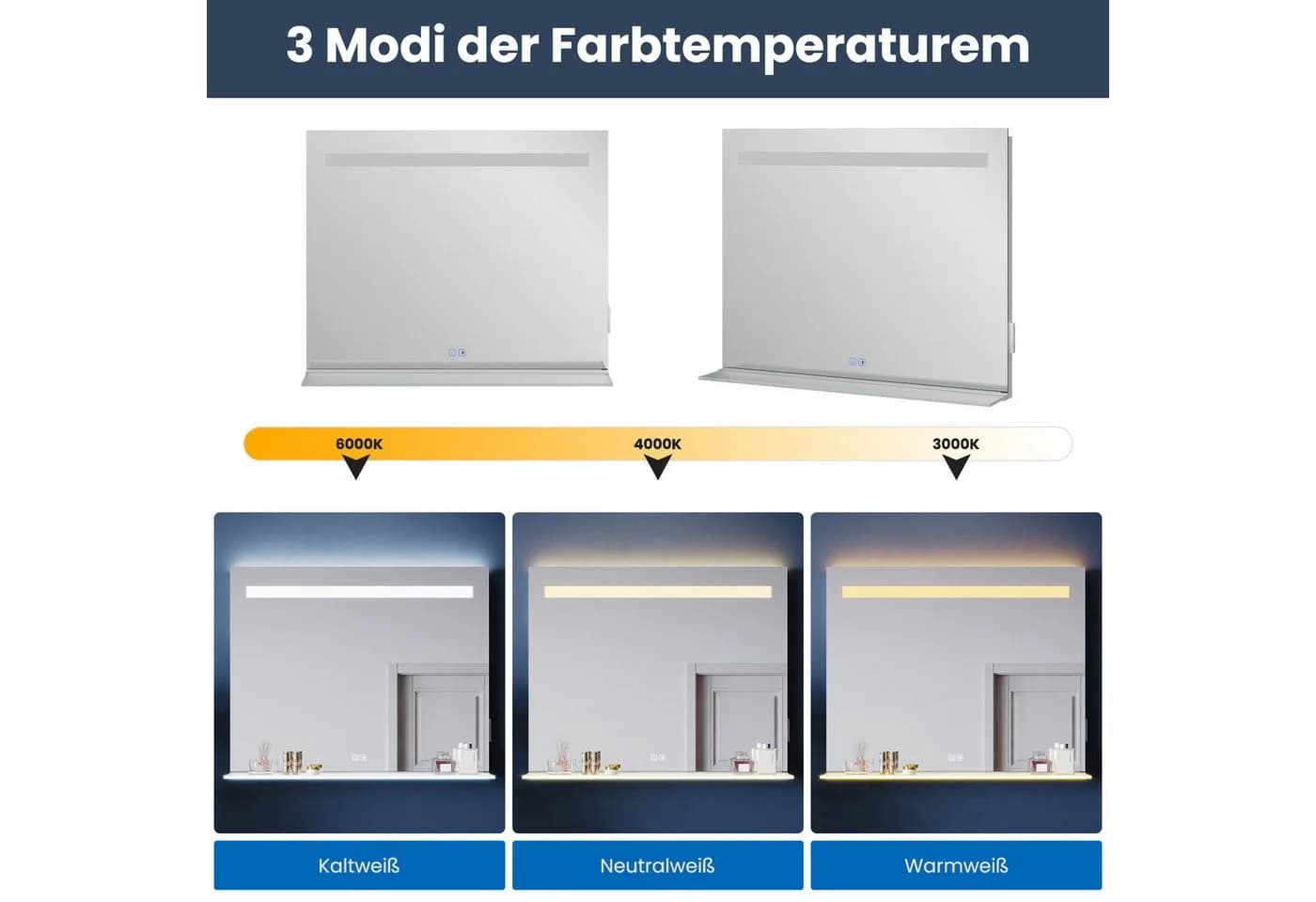 SONNI Badspiegel mit LED-Beleuchtung, Ablagefach & Antibeschlag - Bild 4