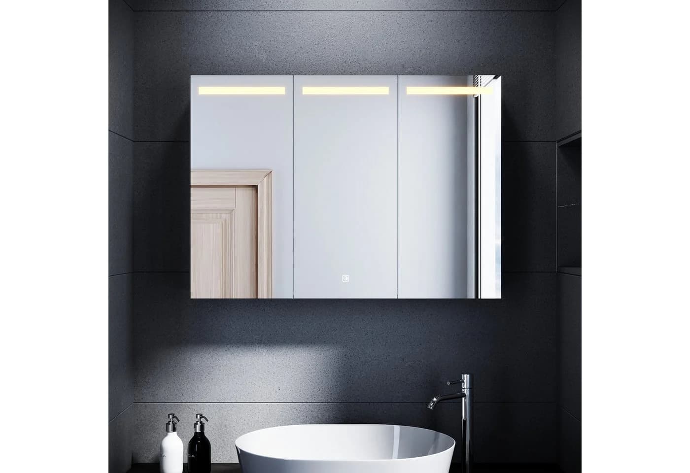 SONNI Spiegelschrank 105x65cm Edelstahl 3-türig mit Beleuchtung - Bild 2