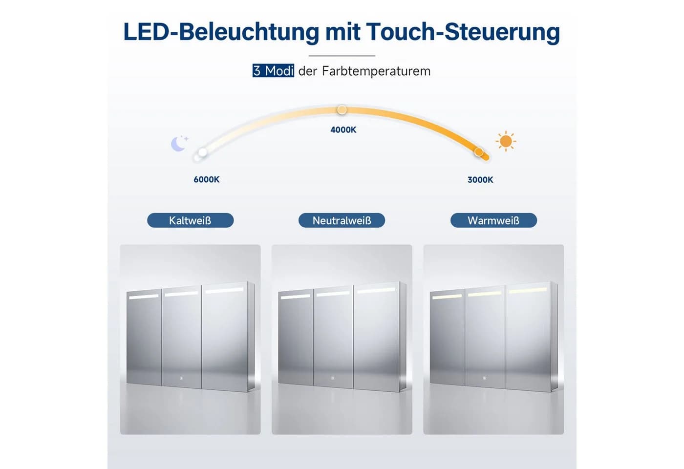 SONNI Spiegelschrank 105x65cm Edelstahl 3-türig mit Beleuchtung - Bild 4