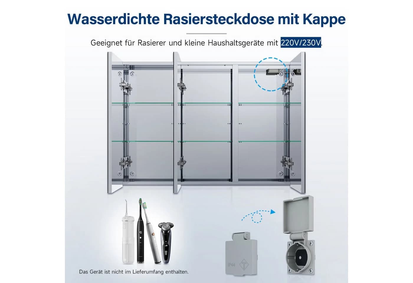 SONNI Spiegelschrank 105x65cm Edelstahl 3-türig mit Beleuchtung - Bild 5
