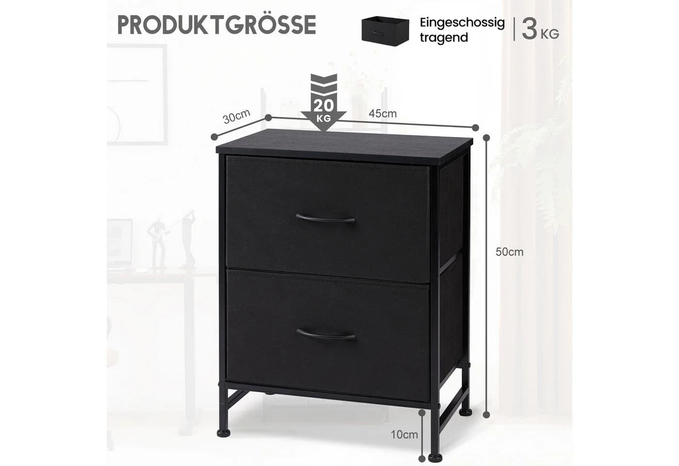 DUMOS Nachtkommode 2er Set Stoffschubladen Schwarz/Weiß/Braun/Grau