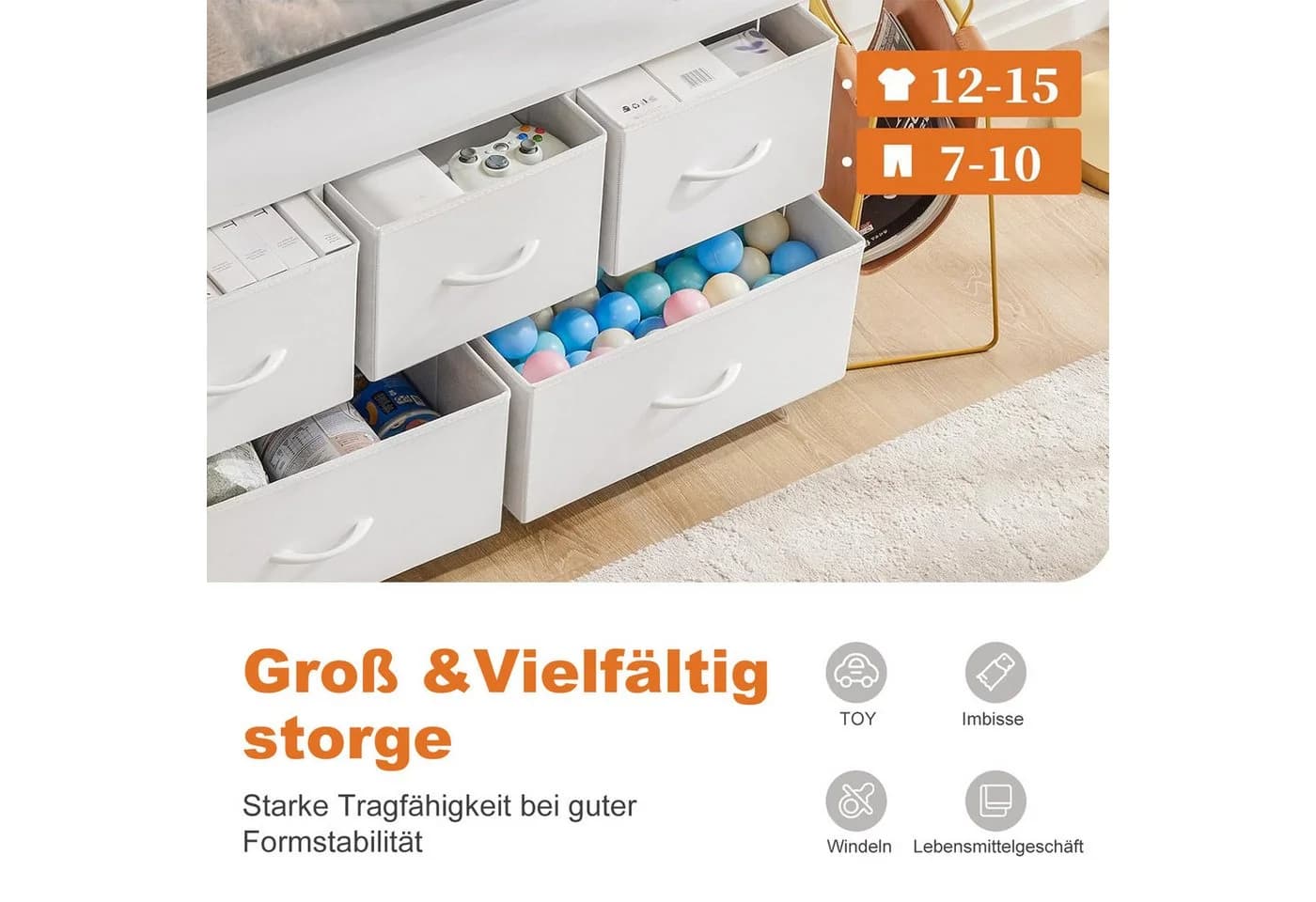 DUMOS Stauraumschrank Kommode mit Stoffschubladen, Stoffkommode für Schlafzimmer