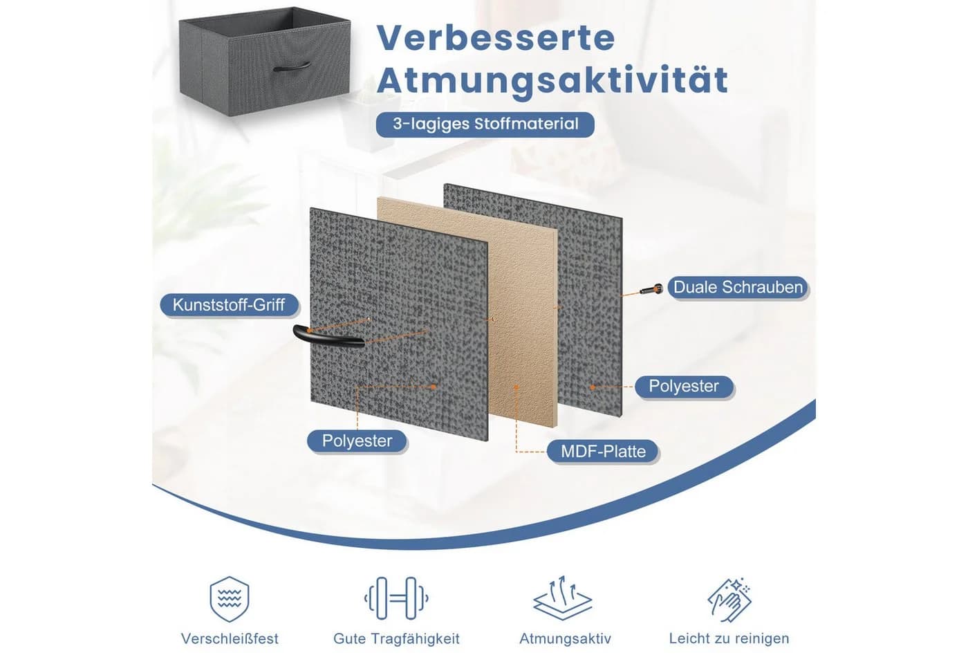 DUMOS Schubkastenkommode Grau Stoffschubladen Stauraumschrank - Bild 4