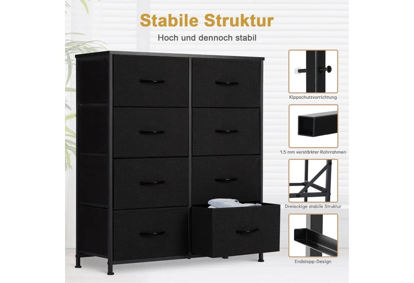 DUMOS Schubkastenkommode mit Stoffschubladen Schwarz - Bild 3