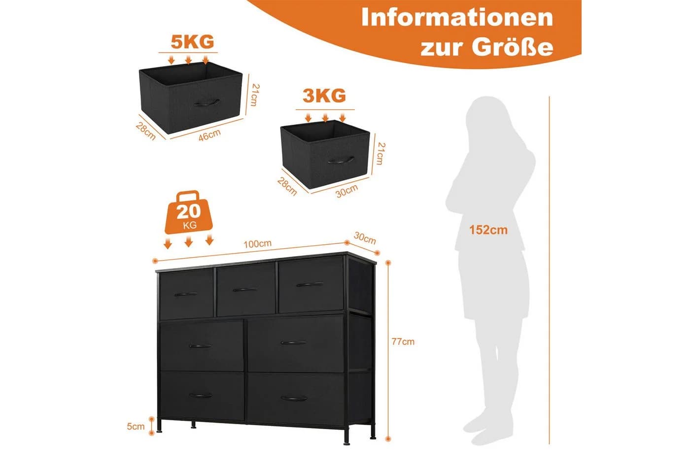 DUMOS Stauraumschrank Kommode mit Stoffschubladen Schwarz - Bild 3