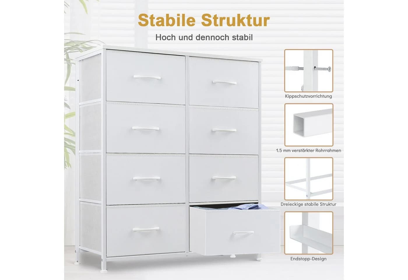 DUMOS Schubkastenkommode 4 Schubladen Weiß Vlies & Holz - Bild 3