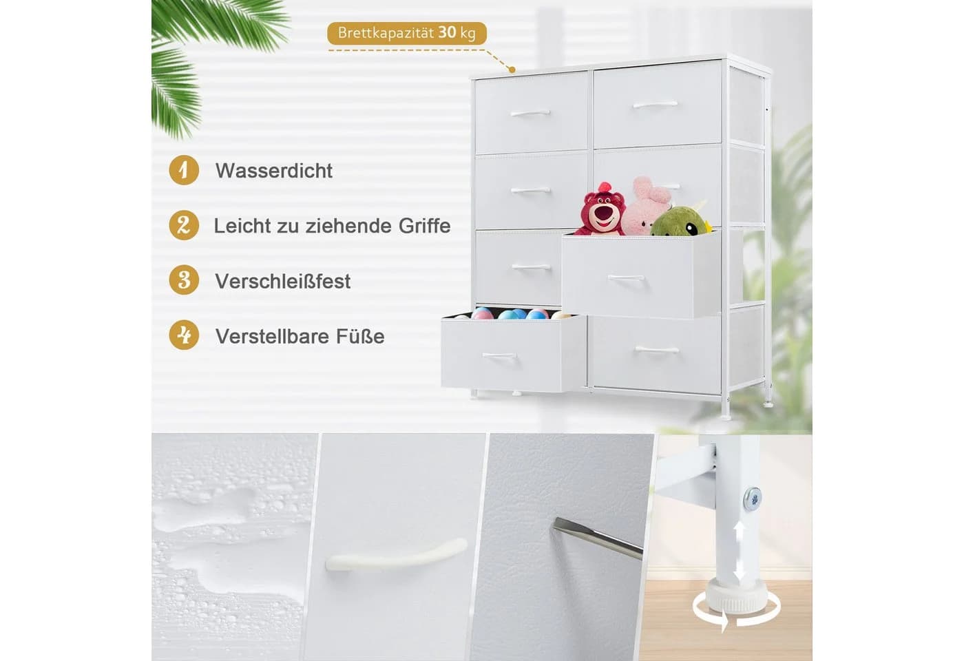 DUMOS Schubkastenkommode 4 Schubladen Weiß Vlies & Holz - Bild 4